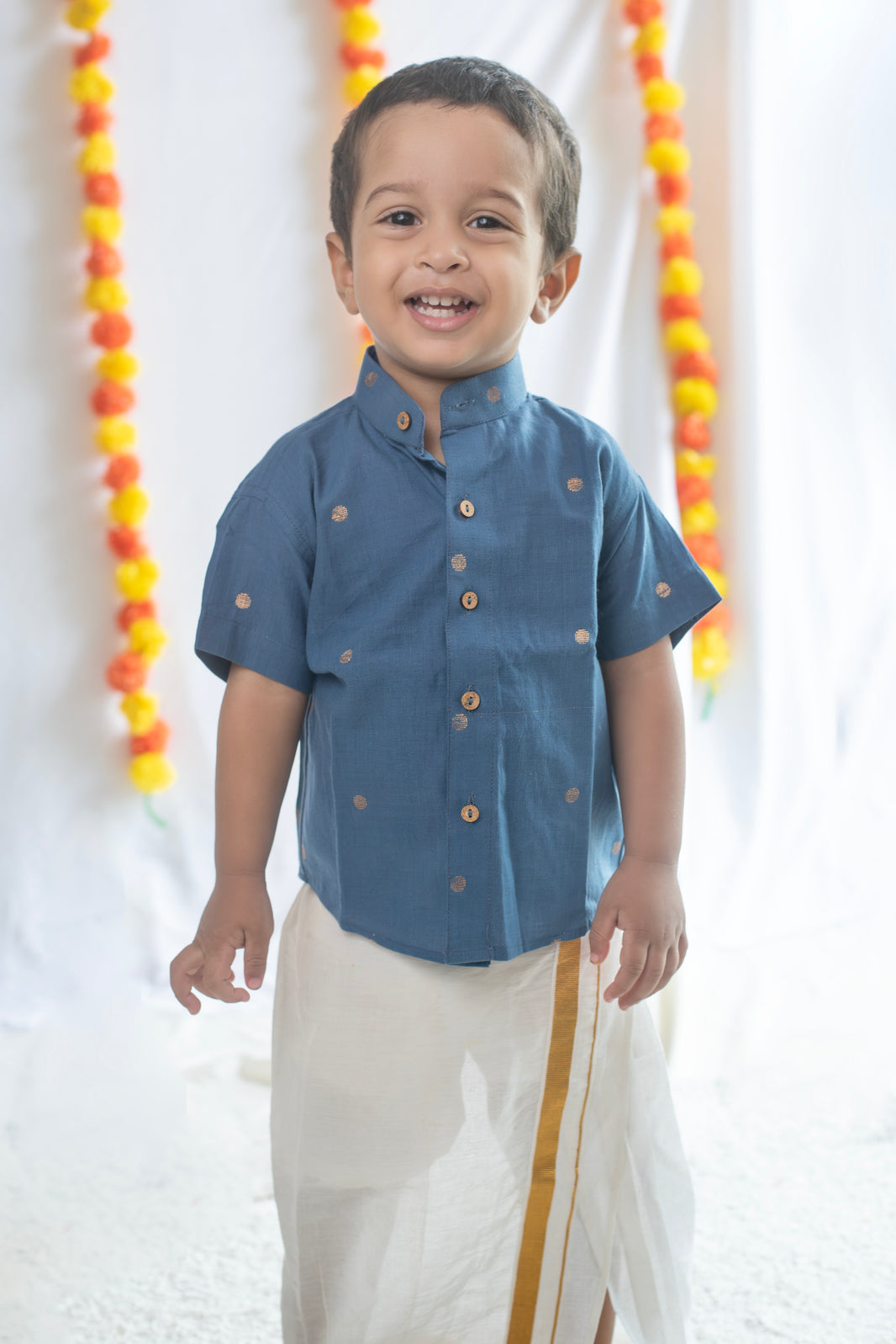 Blue Butta Shirt + Cream Veshti Set