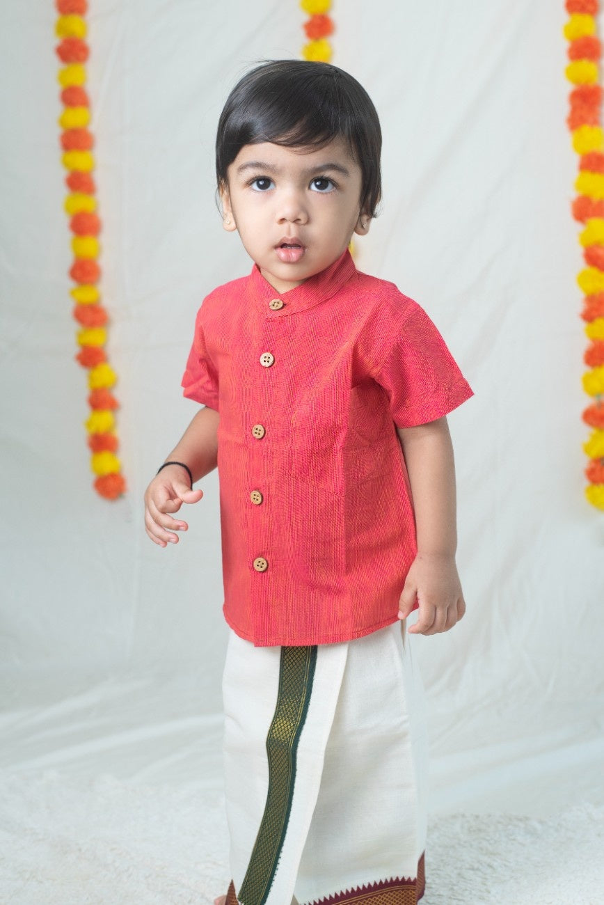 Red with Yellow Stripes Handloom Cotton Shirt