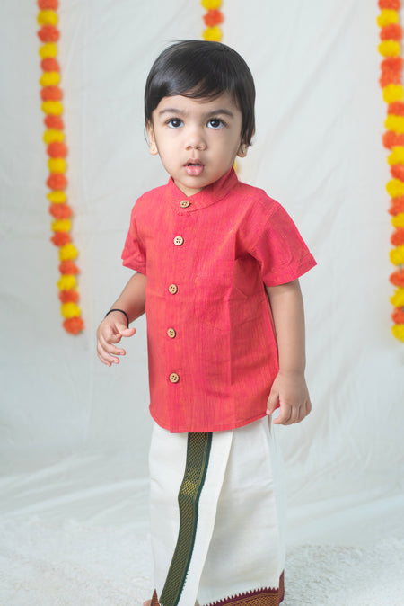 Red with Yellow Stripes Shirt + Green-Maroon Border Veshti Set