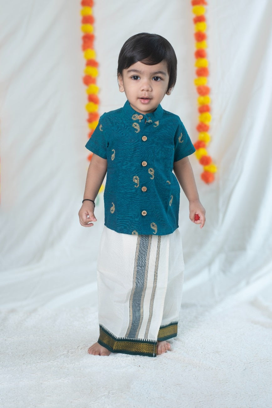 Cotton Veshti with Green Mayilkann Border
