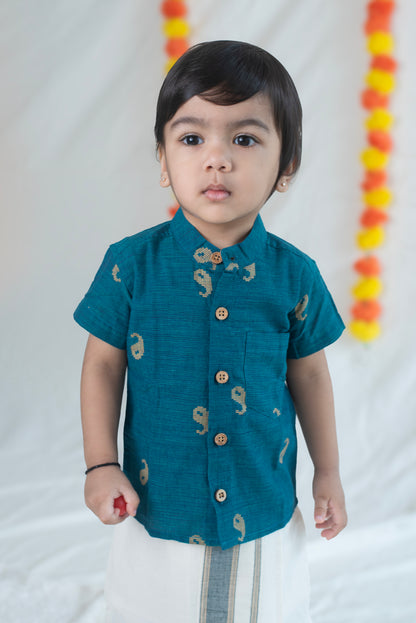 Teal Green Shirt + Green Mayilkann Veshti Set