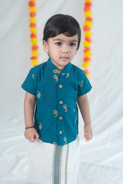 Teal Green Shirt + Green Mayilkann Veshti Set