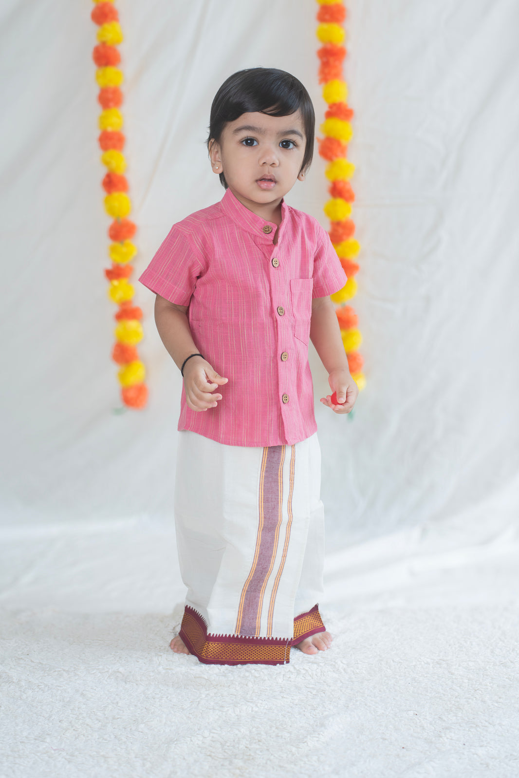 Light Pink Shirt + Red Border Veshti Set