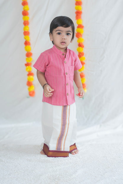 Light Pink Shirt + Red Border Veshti Set