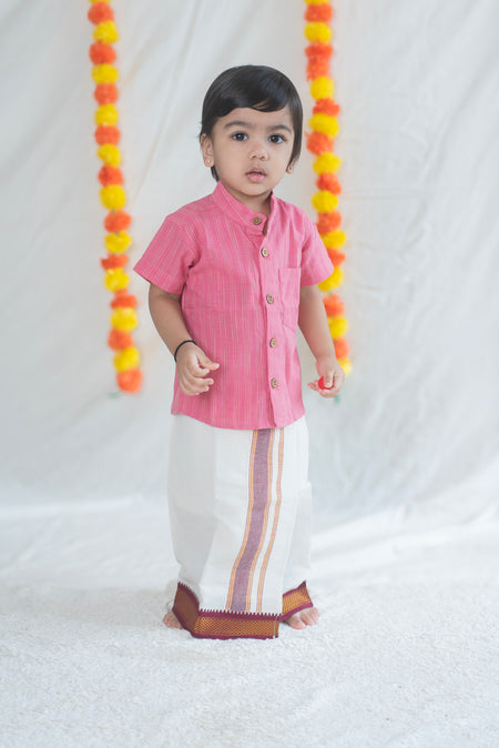 Light Pink Shirt + Red Border Veshti Set