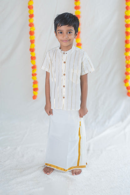 White Shirt (Variant 1) + White Veshti Gold Border Set