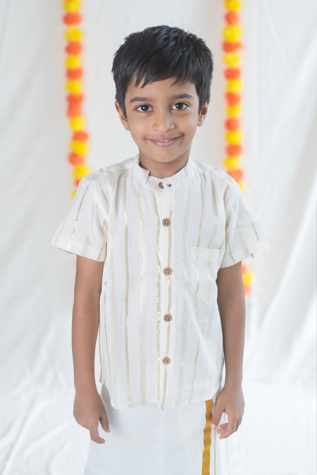 White Shirt (Variant 1) + White Veshti Gold Border Set