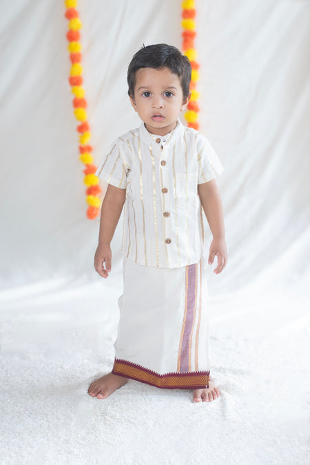 White Shirt (Variant 2) + Red Mayilkann Border Veshti Set