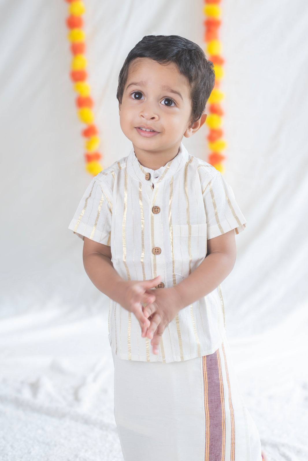 White Shirt (Variant 2) + Red Mayilkann Border Veshti Set