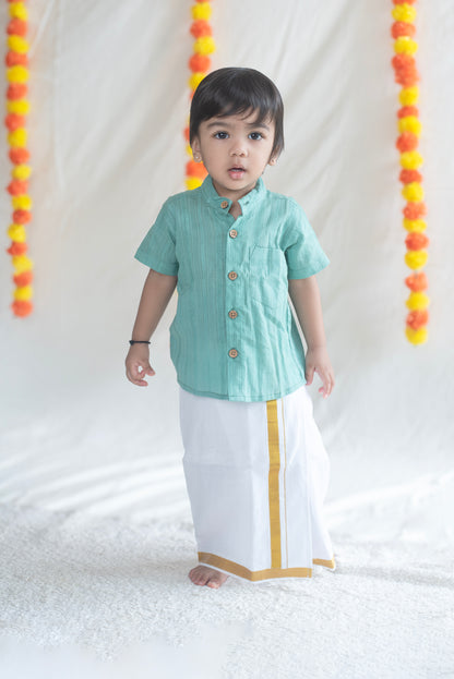 Aqua Blue Shirt + Cream Veshti Set