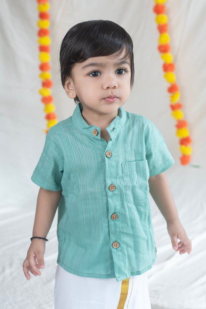 Aqua Blue Shirt + Cream Veshti Set