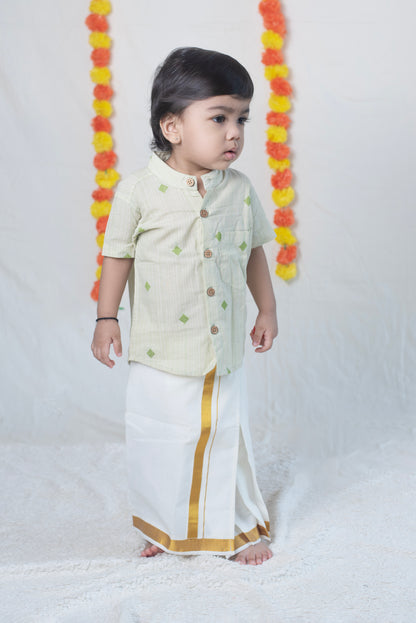Pastel Green Shirt + Cream Veshti Set