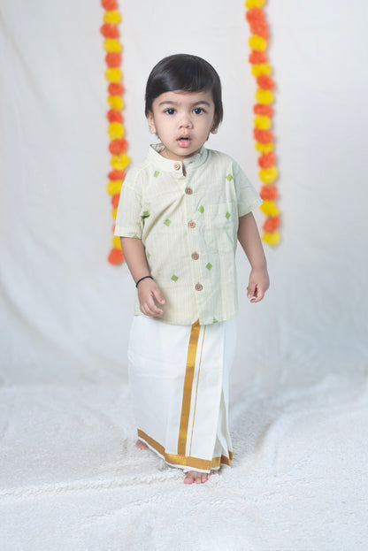 Pastel Green Shirt + Cream Veshti Set