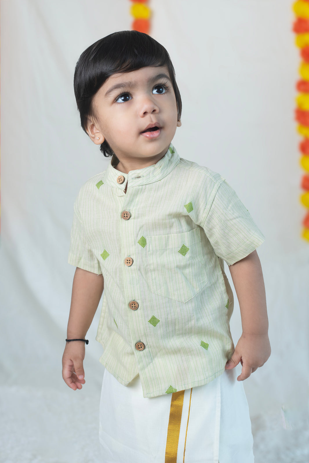 Pastel Green Shirt + Cream Veshti Set