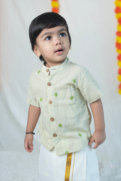 Pastel Green Shirt + Cream Veshti Set
