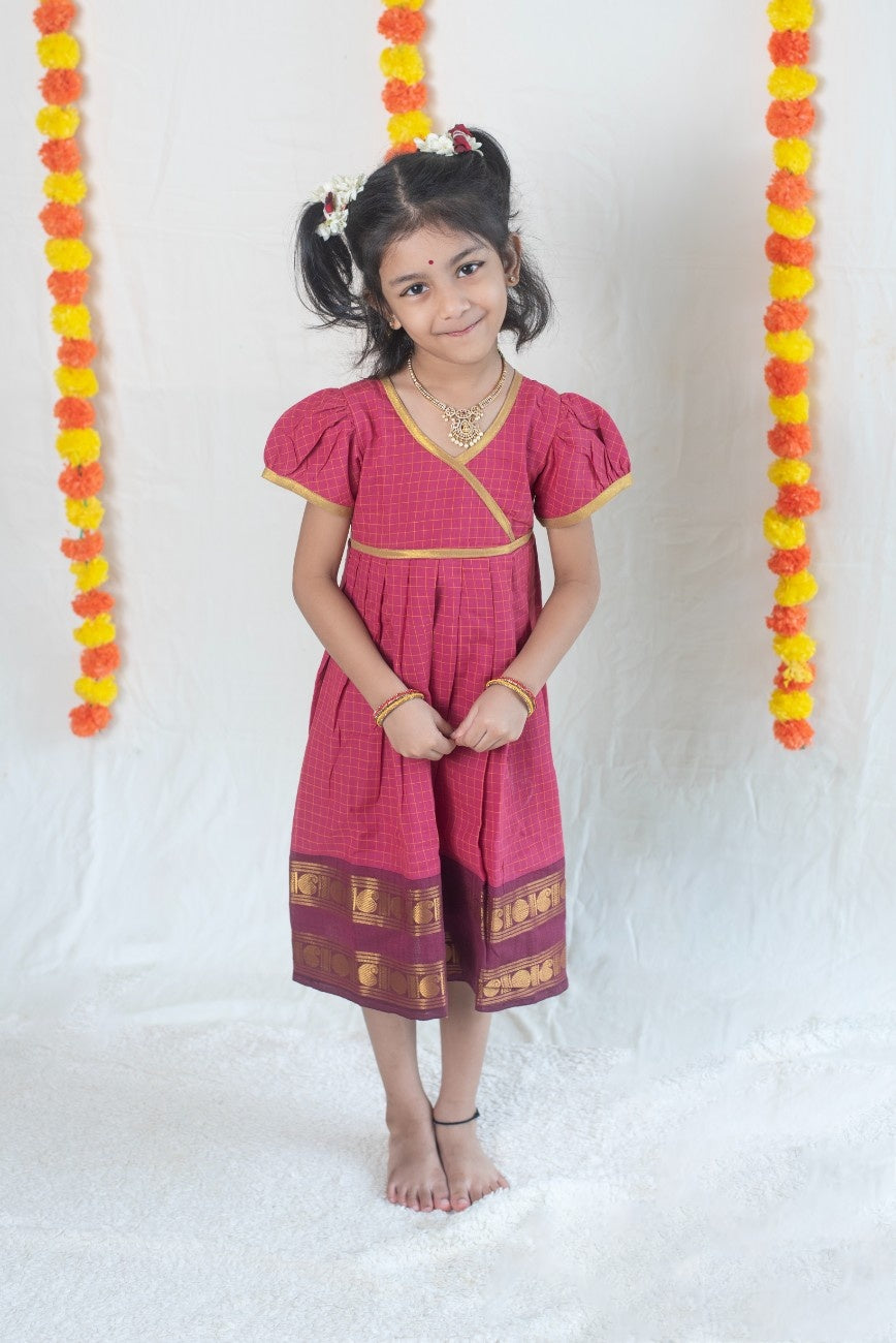 Vintage Pink Chettinad Cotton Dress with Dark Magenta Border