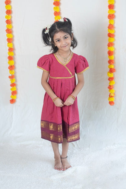 Vintage Pink Chettinad Cotton Dress with Dark Magenta Border