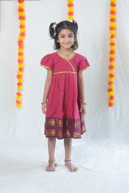 Vintage Pink Chettinad Cotton Dress with Dark Magenta Border