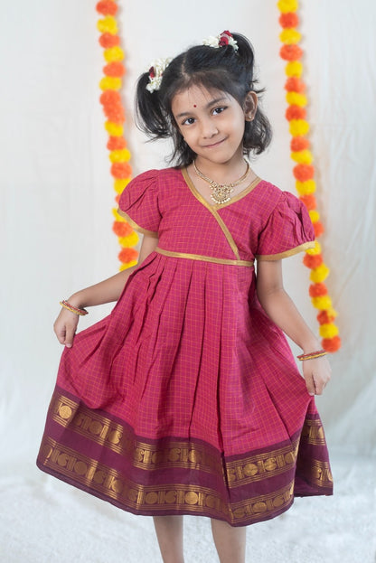 Vintage Pink Chettinad Cotton Dress with Dark Magenta Border