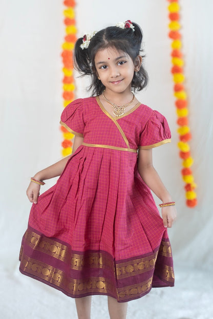 Vintage Pink Chettinad Cotton Dress with Dark Magenta Border