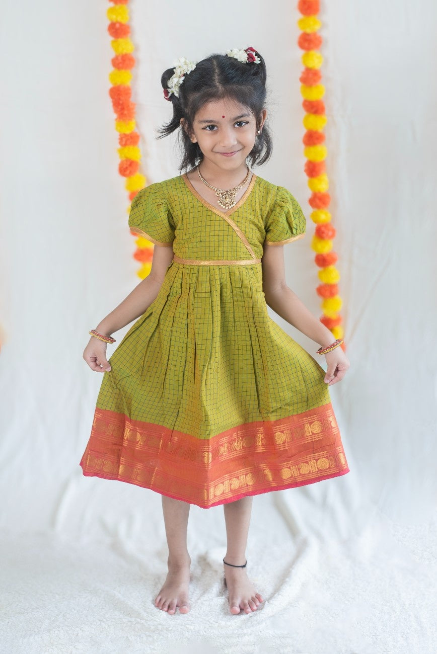 Parrot Green Chettinad Cotton Dress with Peach Pink Border
