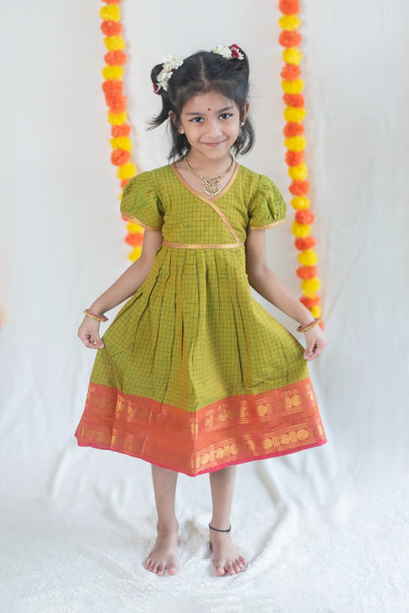 Parrot Green Chettinad Cotton Dress with Peach Pink Border