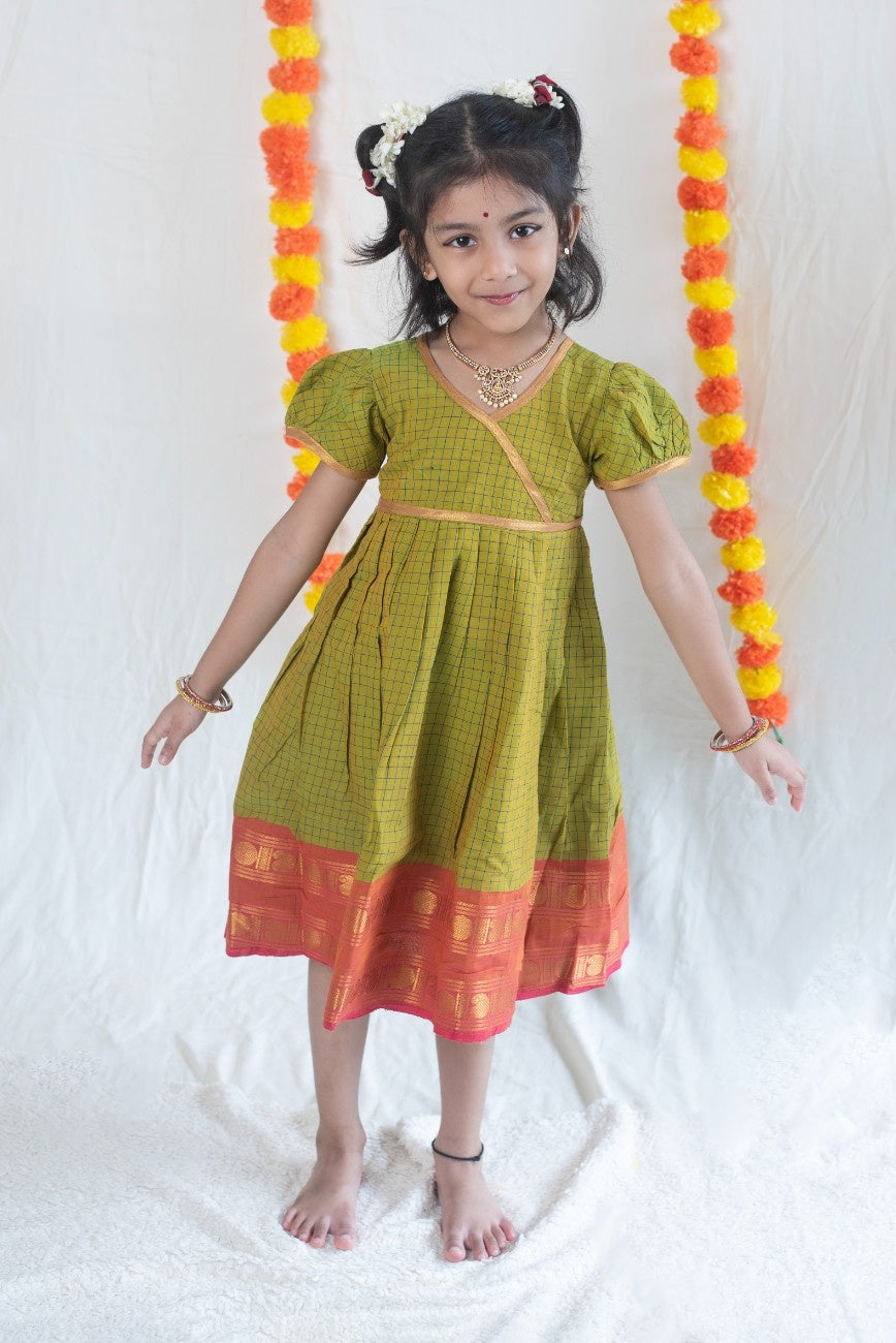 Parrot Green Chettinad Cotton Dress with Peach Pink Border