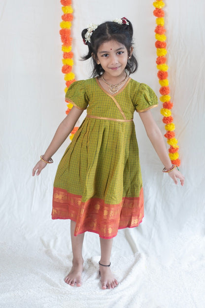 Parrot Green Chettinad Cotton Dress with Peach Pink Border