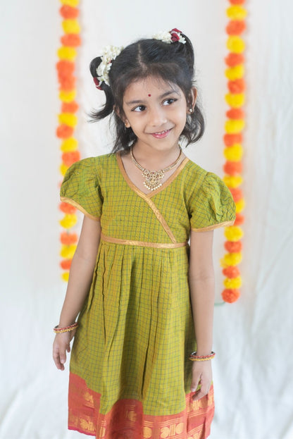 Parrot Green Chettinad Cotton Dress with Peach Pink Border