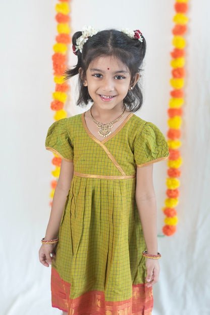 Parrot Green Chettinad Cotton Dress with Peach Pink Border