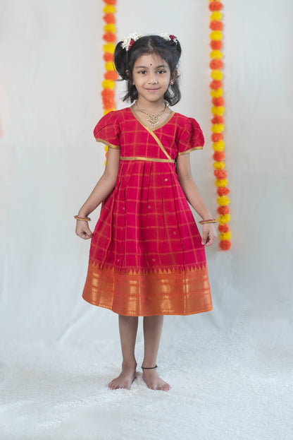 Bright Pink Chettinad Cotton Dress with Orange-Gold Border