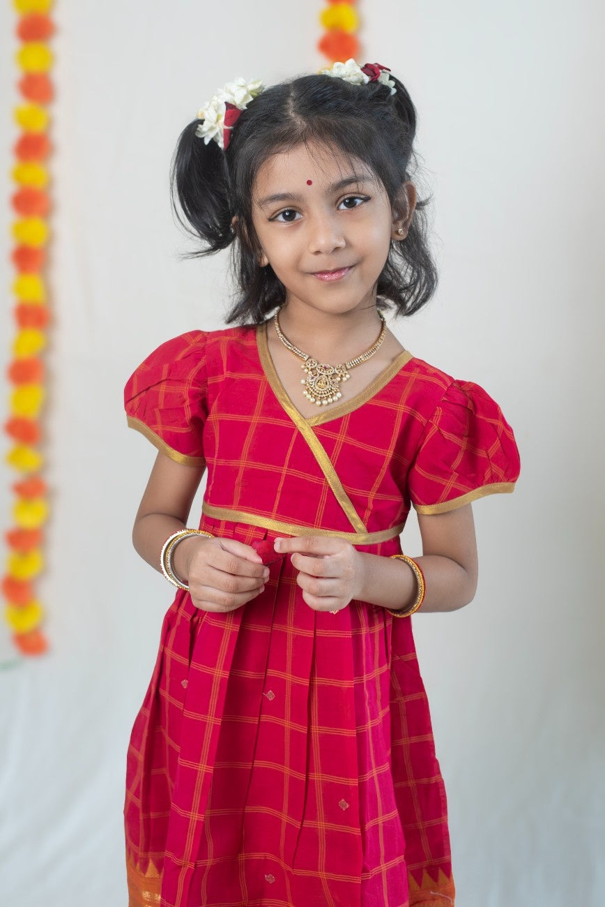 Bright Pink Chettinad Cotton Dress with Orange-Gold Border