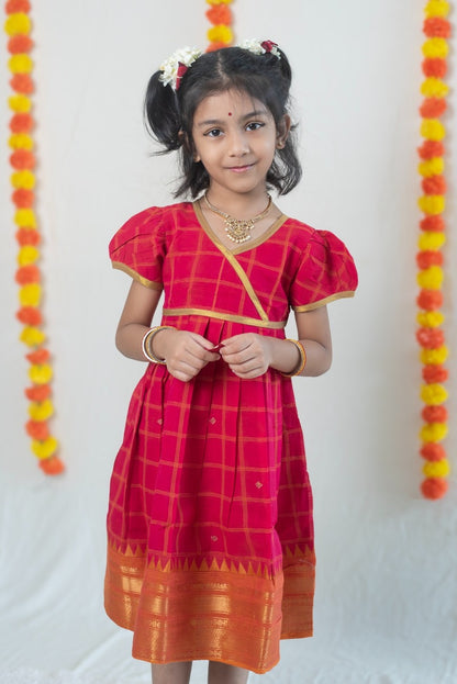 Bright Pink Chettinad Cotton Dress with Orange-Gold Border