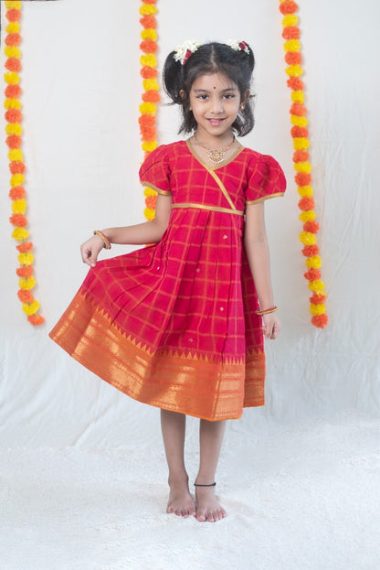 Bright Pink Chettinad Cotton Dress with Orange-Gold Border