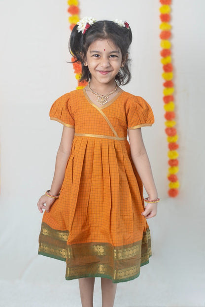 Yellow Chettinad Cotton Dress with Green Border