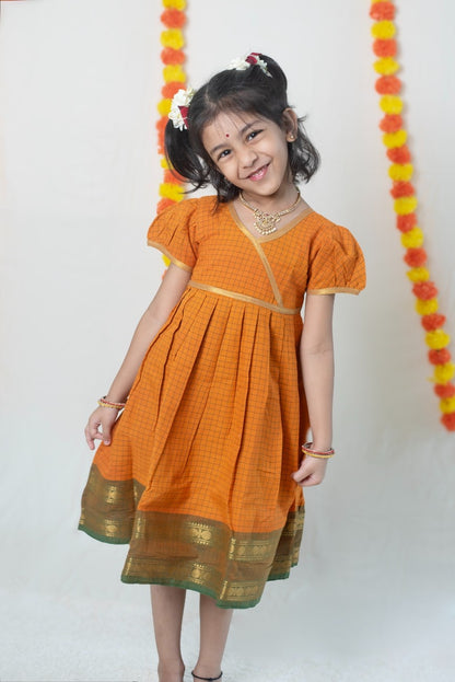 Yellow Chettinad Cotton Dress with Green Border