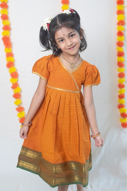 Yellow Chettinad Cotton Dress with Green Border