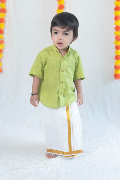 Green Shirt + Cream Veshti Set