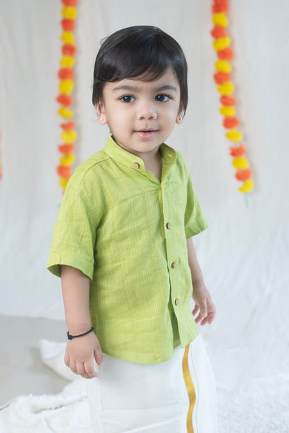 Green Shirt + Cream Veshti Set