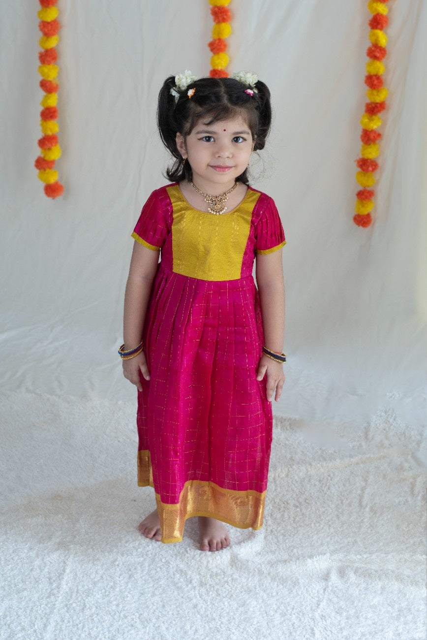 Parrot Green & Pink Silk Cotton Dress