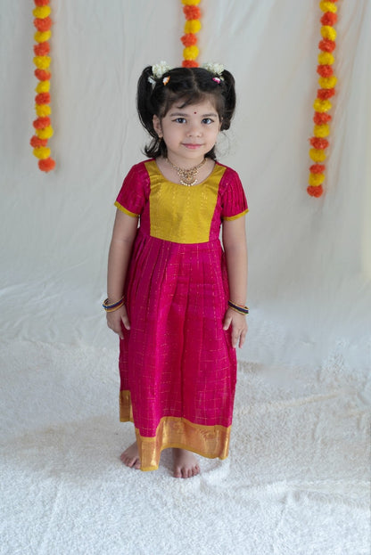 Parrot Green & Pink Silk Cotton Dress