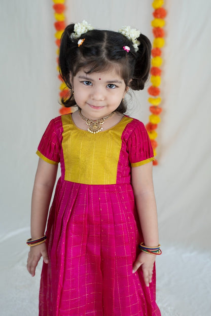 Parrot Green & Pink Silk Cotton Dress