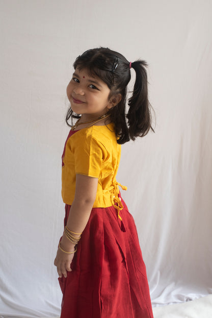 Katyayani Pattu Pavadai | Deep Red and Mango Yellow