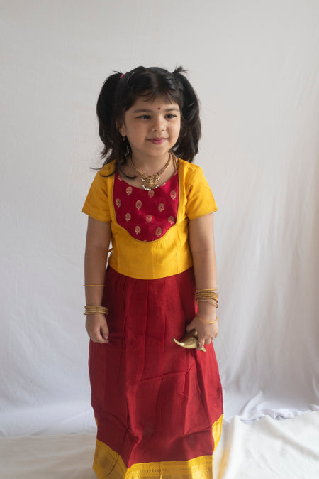 Katyayani Pattu Pavadai | Deep Red and Mango Yellow