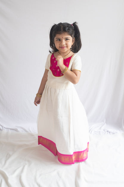 Hamsavahini Pattu Pavadai | Ivory & Rani Pink