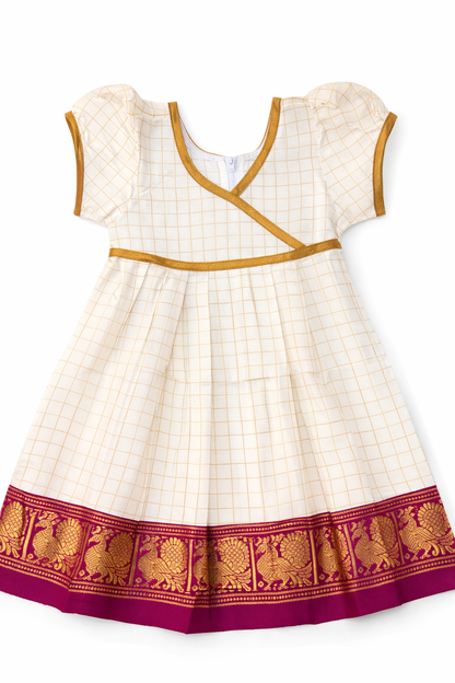 Kasavu Cotton Ethnic Dress with Majenta Pink Zari Border