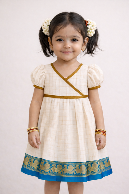 Kasavu Cotton Ethnic Dress with Blue Zari Border
