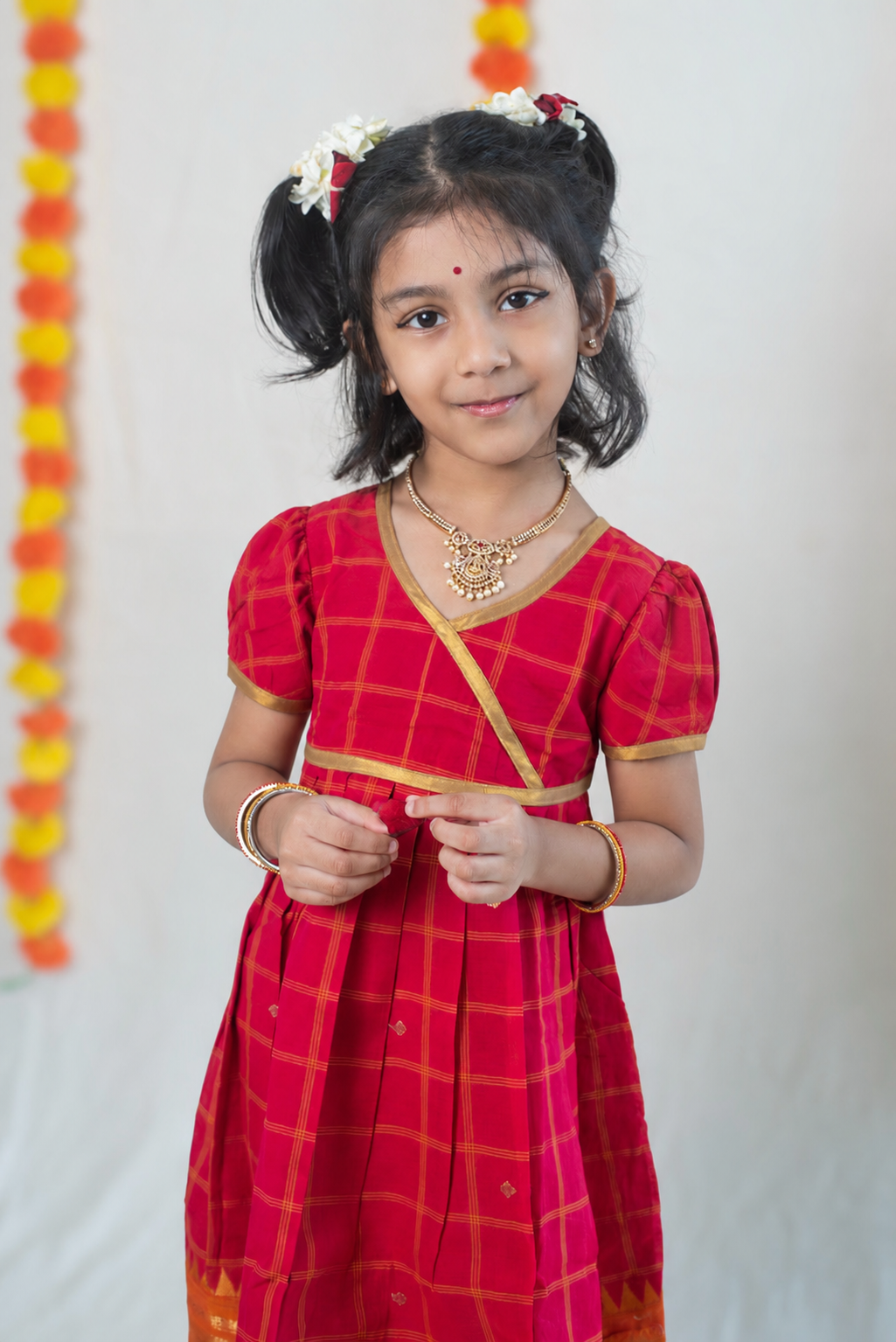 Bright Pink Chettinad Cotton Dress with Orange-Gold Border