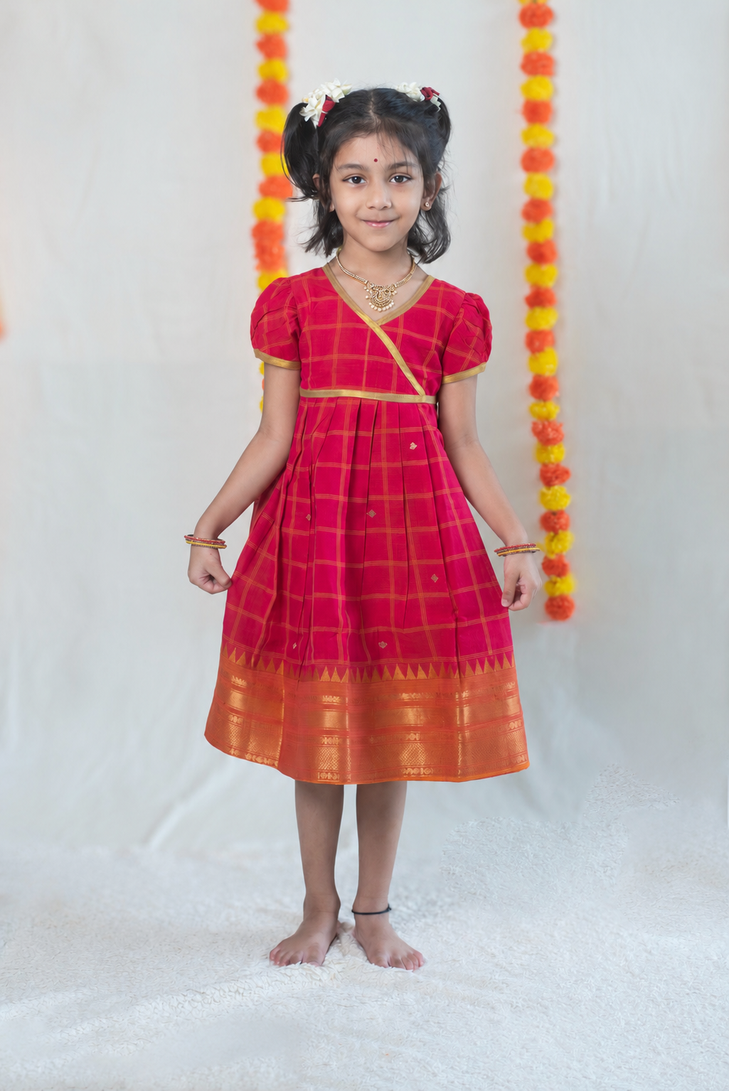 Bright Pink Chettinad Cotton Dress with Orange-Gold Border