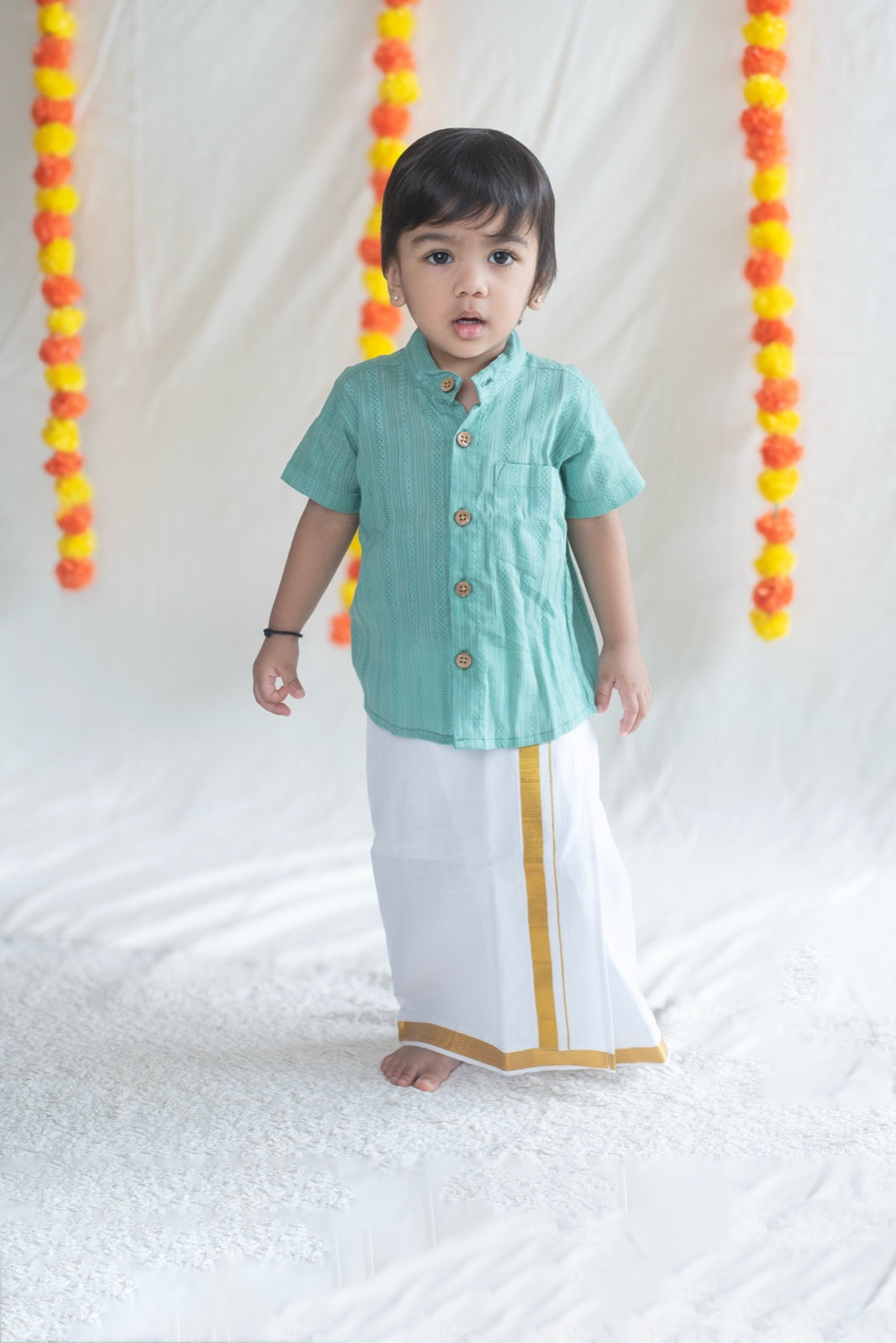 Aqua Blue Shirt + Cream Veshti Set